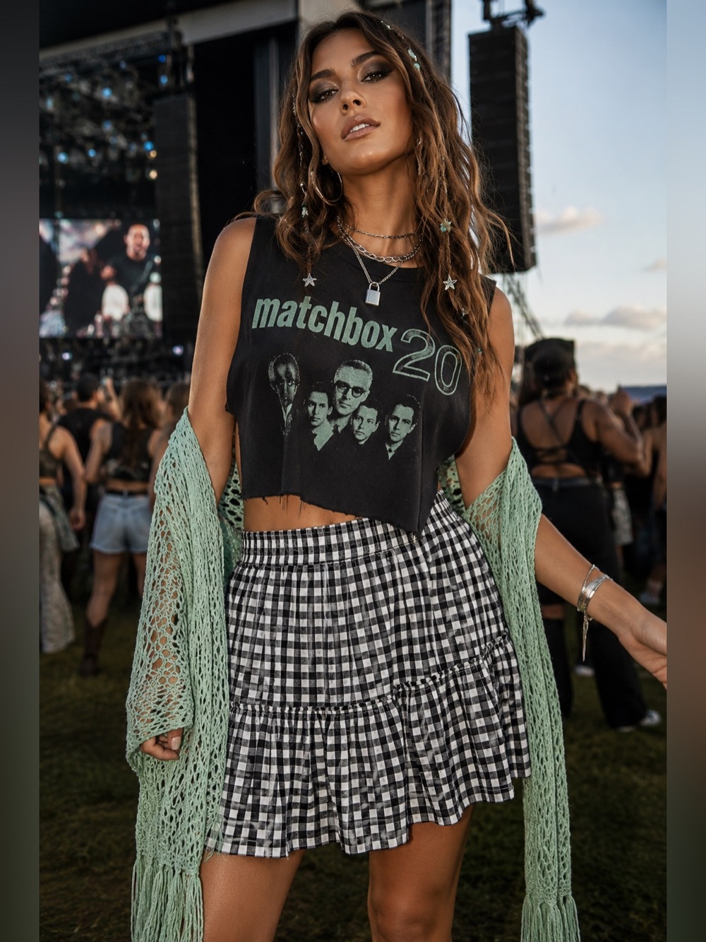 Topshop Mint Green and Black Gingham Tiered Skirt - Size 6